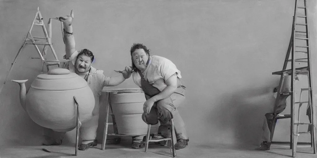 Prompt: johnny vegas sitting on top of a ladder making a giant clay teapot, art school, studio, photorealistic