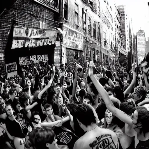 Prompt: A punk band playing a show at CBGB with a mosh pit crowd Sid Vicious. wide angle, creative illustration concept artperspective, cinematic, 16mm lens, 8K