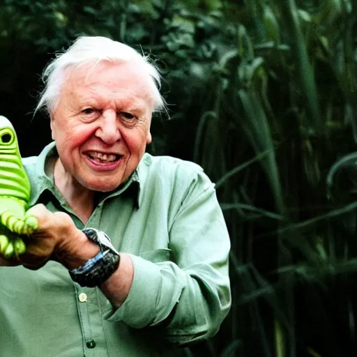 Image similar to Sir David Attenborough with a green alien