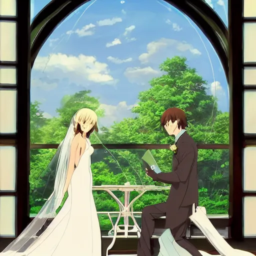 Prompt: a beautiful picture of the window of the church, a bride and a groom, sky, by makoto shinkai, - w 7 6 8