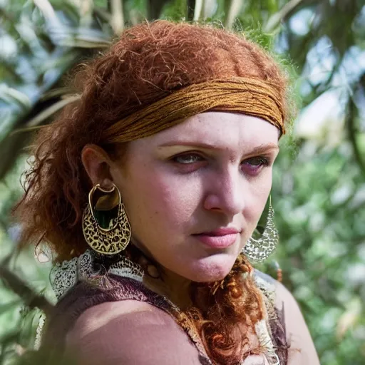 Image similar to 'https://i.pinimg.com/originals/8b/2b/3c/8b2b3c1c42721b1a61d595f3da14daf5.jpg' 15th Century Barbary Coast pirate Woman with Ginger hair and Golden hooped earrings photography by Steve McCurry