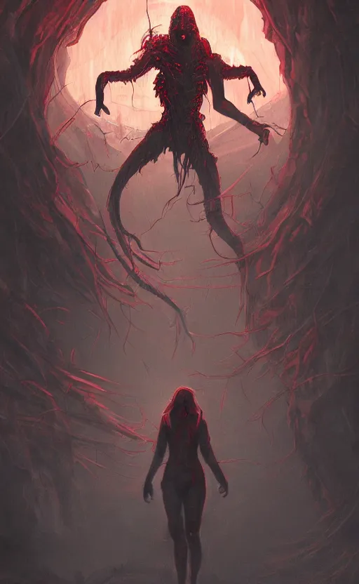 Image similar to mother demogorgon in the background, red ambience, at night, creepy over the street in the background, dynamic lighting, photorealistic fantasy concept art, trending on art station, stunning visuals, creative, cinematic, ultra detailed