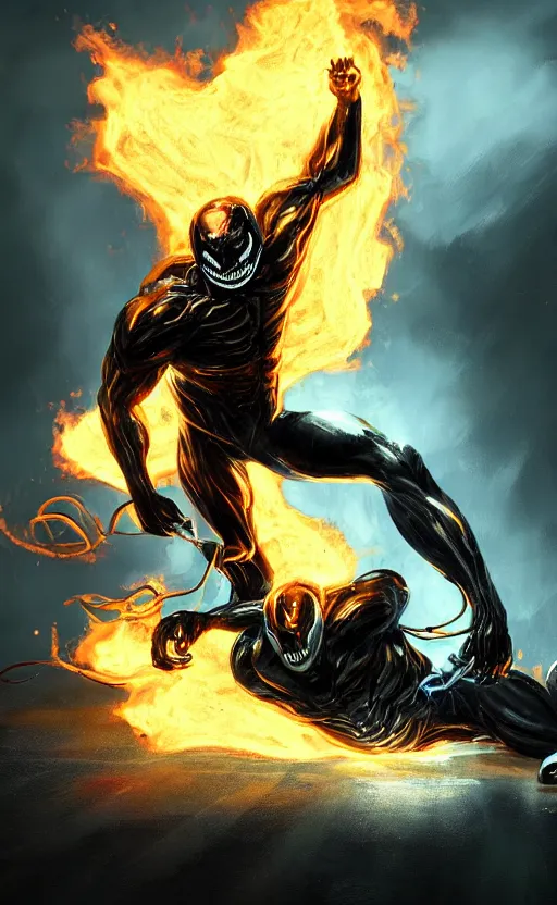 Image similar to venom as ghost rider, dynamic lighting, photorealistic fantasy concept art, trending on art station, stunning visuals, terrifying, creative, cinematic