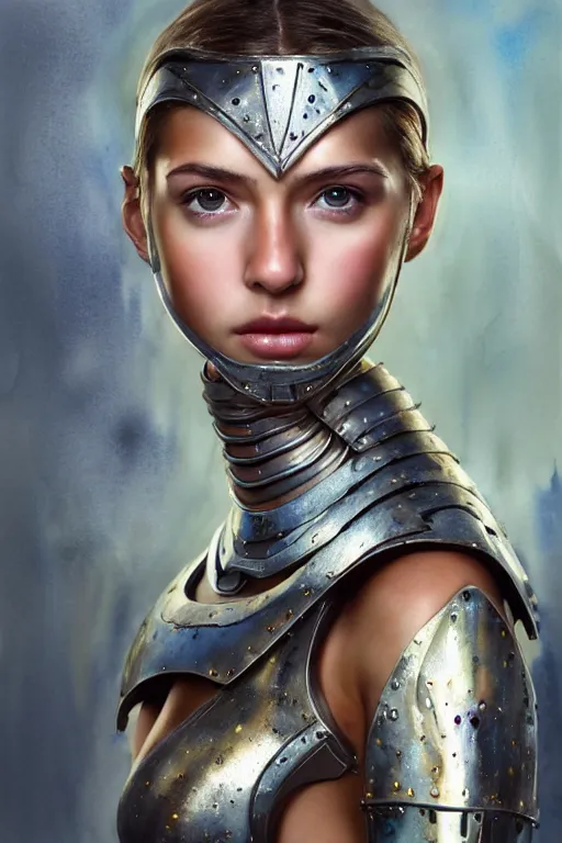 Prompt: a photorealistically painted portrait of an attractive young girl, partially clothed in metal-plated battle armor, abstract watercolor background, flawless olive skin, fair complexion, long dark hair, beautiful bone structure, perfectly symmetric facial features, perfect photorealistic eyes, natural physique, intricate, elegant, digital painting, concept art, finely detailed, beautifully illustrated, sharp focus, minimal artifacts, volumetric lighting, from Metal Gear, by Ruan Jia and Mandy Jurgens and Artgerm and William-Adolphe Bouguerea, in the style of Greg Rutkowski, trending on Artstation, award winning art