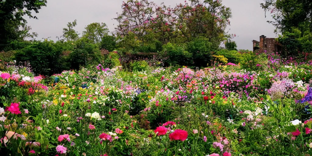 Prompt: walled garden full of flowers cinematography