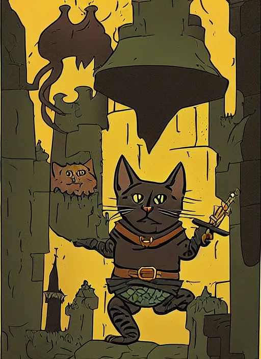 Prompt: highly detailed, wizard cat with a dungeon background by mike mignola