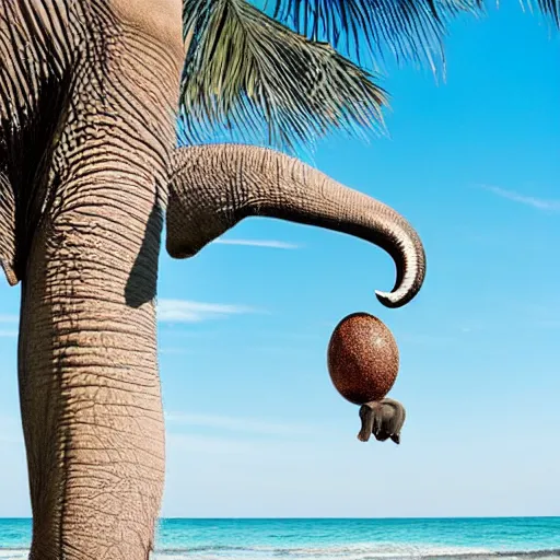 Image similar to an elephant sitting on a large spotted egg in a nest on top of a palm tree, nature photography