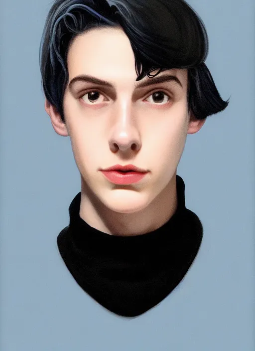 Image similar to portrait of teenage jughead jones wearing a light grey crown, crown, blue turtleneck, 1 9 5 0 s, closed eyes, photorealistic, black hair, glowing lighting, intricate, elegant, glowing lights, highly detailed, digital painting, artstation, concept art, smooth, sharp focus, illustration, art by wlop, mars ravelo and greg rutkowski