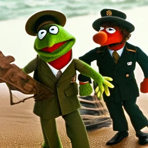 Prompt: screenshot of the muppets beach landing in world war 2 movie saving private muppets d-day W 1024