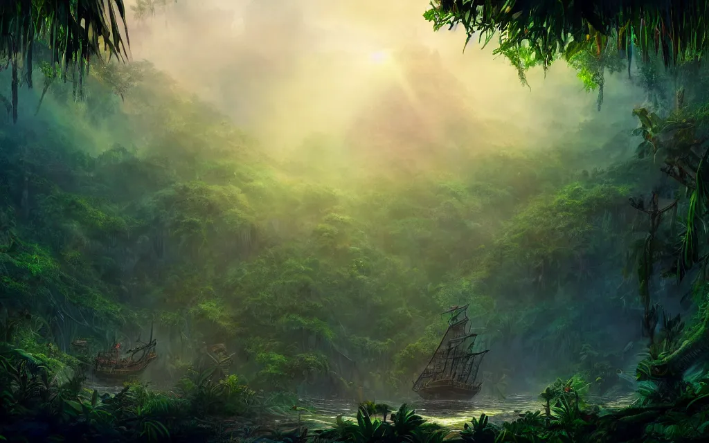 Image similar to a large pirate ship in a dense jungle, misty background, light rays, beautiful lighting, vivid colors, intricate, elegant, highly detailed digital painting, concept art, smooth, sharp focus, unreal engine, 4 k wallpaper, trending on cgsociety, trending on artstation