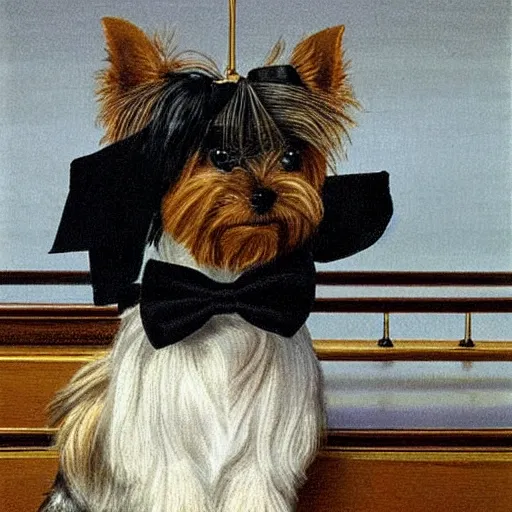 Image similar to a Yorkshire terrier wearing a black bow tie on a yacht, extremely detailed masterpiece, illustration, by Michael Sowa,