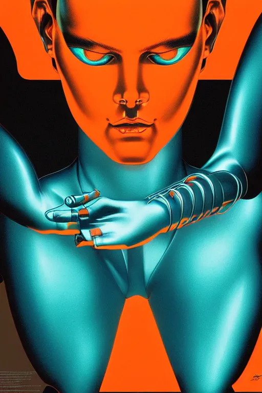 Image similar to cyborg art by Hajime Sorayama and Artemisia Gentileschi, centered, symmetrical, led, teal and orange, bilateral symmetry, third person, 70s poster, blade runner, kubrik, 2D matte illustration