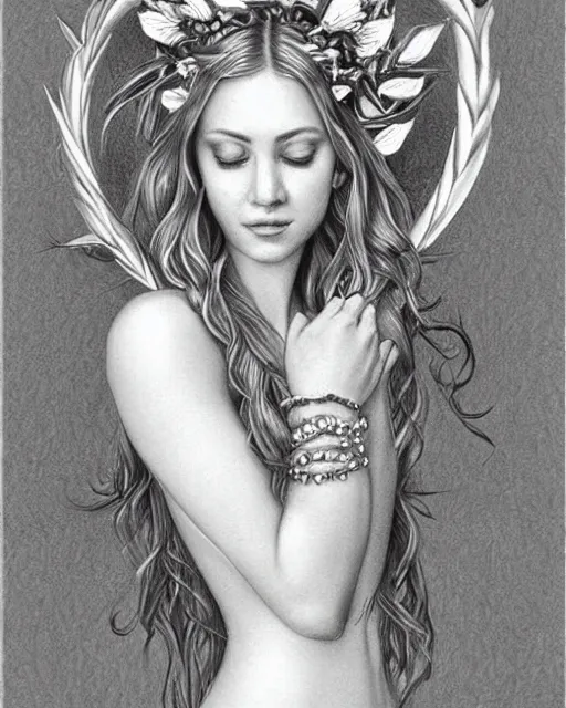 Image similar to pencil drawing of a beautiful greek goddess aphrodite wearing a laurel wreath and arrowhead earrings, beautiful confident eyes, beautiful flowing hair, hyper realistic face, in the style of artgerm, fantasy, amazing detail, epic, elegant, smooth, sharp focus, from the front, long shot