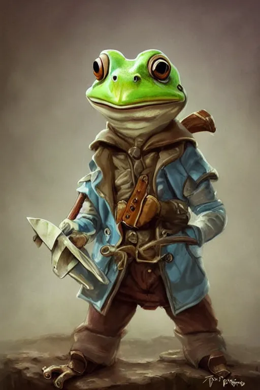 Image similar to cute anthropomorphic frog wearing a white butcher coat with a butcher hat and holding a cleaver knife ,tiny, small, miniature frog, baby animal, short, pale blue armor, cute and adorable, pretty, beautiful, DnD character art portrait, matte fantasy painting, cgsociety Artstation, by Jason Felix by Steve Argyle by Tyler Jacobson by Peter Mohrbacher, cinematic lighting