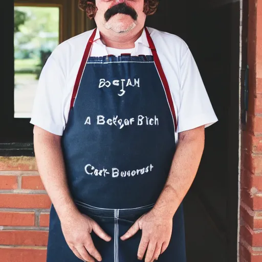 Prompt: a portrait photograph of a bob belcher 4 9 - year - old burger cook, canon 8 5 mm f 1. 2 photograph head and shoulders portrait