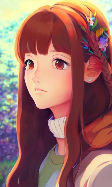 Image similar to a colorful scene of a girl with brown hair, anime, detailed background, female, portrait, trending on artstation, by studio ghibli and rossdraws