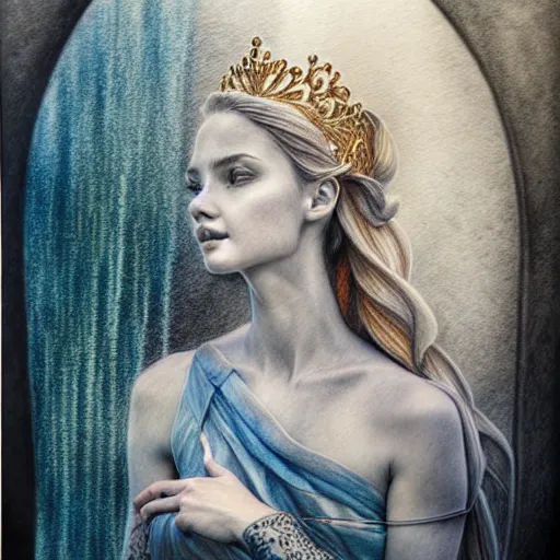 Prompt: hyper realistic pencil drawing of a fantasy princess standing by a fountain, muted water color, full portrait, detailed, rim light, diffused, intricate, by anna dittmann