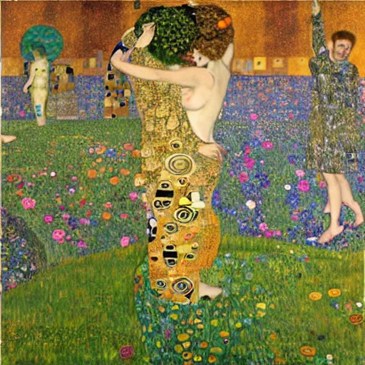 Image similar to men and women frolicking in a solarpunk utopia painting by gustav klimt