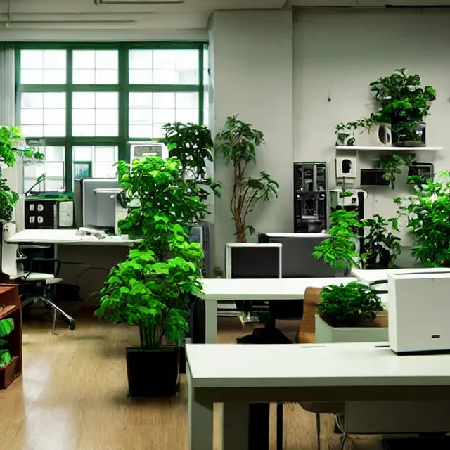 Prompt: an interior room with old pc computers stacked on the walls with potted plants, makoto shinkai