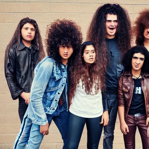 Prompt: Group of ethnically diverse 19-year-old boys and girls with long permed wavy brown hair and afros leather jacket and denim jeans, holding electric guitars, 2022, stoner rock, heavy rock, HD photography