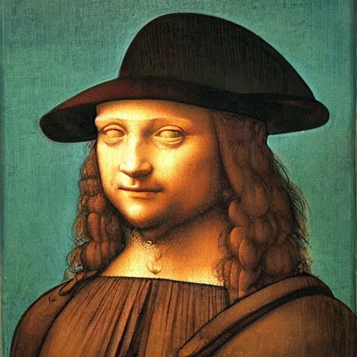 Prompt: an oil painting of a man in a hat, leonardo da vinci style,