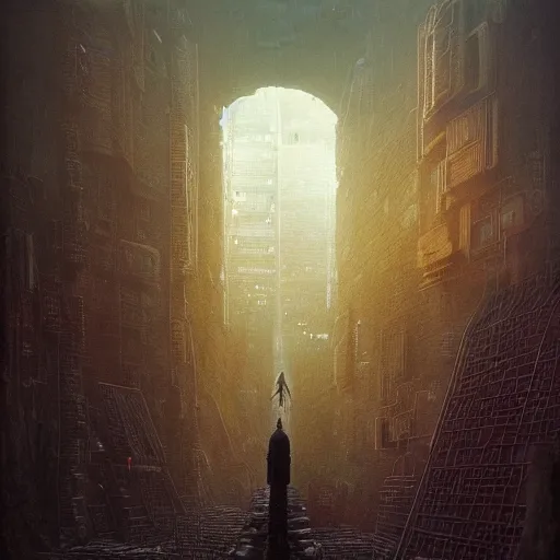 Image similar to cyberpunk, distopia, distopia megaliths, journey across the urban district | neverland and the gateway between dreams by beksinski, ultra hd rendered