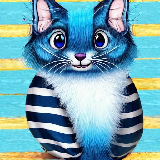 Prompt: cute blue striped cheshire cat. an adorable cat with light blue stripes, blue eyes and a playful smile. stunning digital art by eva balloon. fluffy, soft