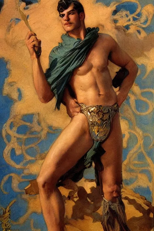 Prompt: a beautiful dramatic tarot card of a shirtless handsome cowboy. he is wearing cowboy boots. he has a thick build dadbod. homoerotic, art deco, art nouveau. by gaston bussiere, by j. c. leyendecker, by bill ward. trending on artstation