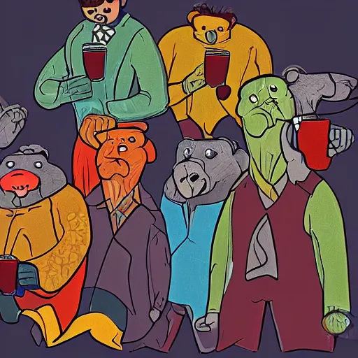 Prompt: a group of friends drinking bear, comic art, highly detailed, colorful