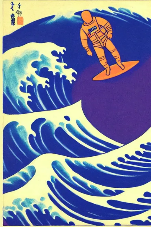 Image similar to an astronaut surfing the great wave off kanagawa on a purple surboard