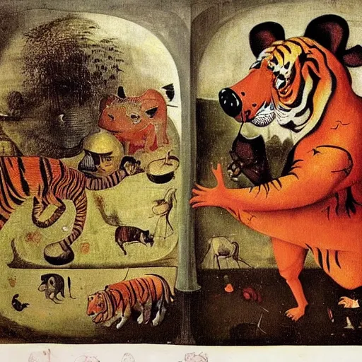 Image similar to in a dream world, a tiger tries to close an important deal, a pig tries to prevent the success of the deal, in the style of hieronymus bosch, part by victor stabin, part by afro, part by cagli, epic composition, insanely quality, only with red and crimson colors, masterpiece