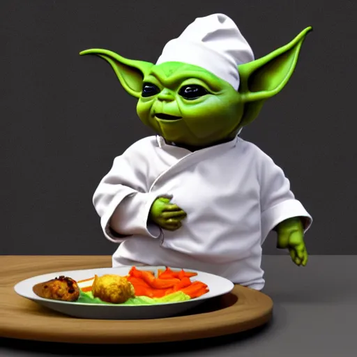 Prompt: curious mouth agape innocent tiny overweight chubby baby yoda as chef wearing white chefs hat and white apron, offering a plate of food, vegetables, photography, hyperrealism, unreal engine, octane 3 d render, houdini, unity 3 d, highres, adobe premier pro