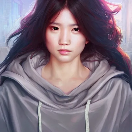 Prompt: asian lightning goddess, lifelike, portrait, wearing a hoodie and modern clothing, looking at viewer, highly detailed, digital painting, artstation, concept art, sharp focus, illustration, cinematic lighting, art by artgerm and greg rutkowski and alphonse mucha