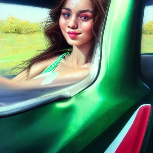 Image similar to ! beautiful hyperrealism hyperdetailed selfie of a cute young woman with vivid emerald green eyes, sitting in her car, long bronze brown hair, flushed face, red blush, light freckles, big puffy lips, smiling softly, soft features, 8 k, sharp focus, art by irakli nadar, instagram, portra 4 0 0