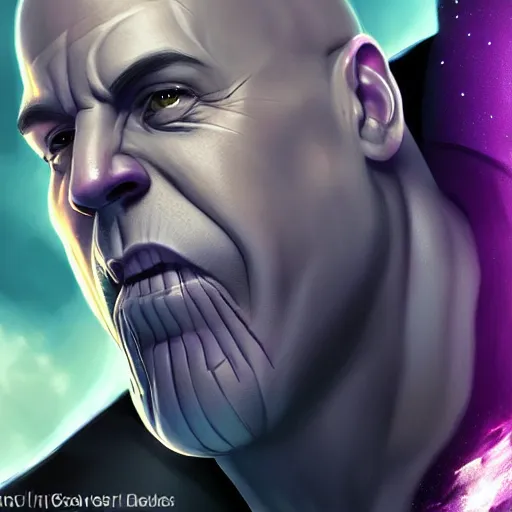 Image similar to thanos looking like vin diesel, realistic digital art, artstation, cinematic