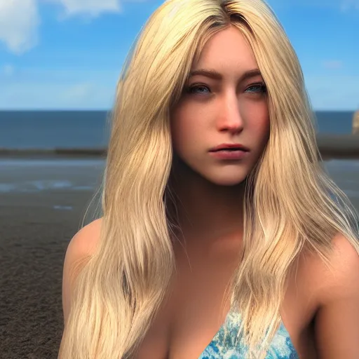 Prompt: blonde girl by the sea, photo realistic, unreal engine, 4k, dynamic light