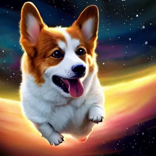 Prompt: an adorable happy corgi floating in outer space, beautiful digital painting, detailed, expressive