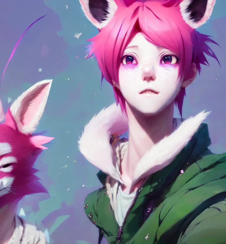 Image similar to a beautiful headshot portrait of a cute anime male boy with pink hair and pink fox ears and piercings and green eyes. character design by cory loftis, fenghua zhong, ryohei hase, ismail inceoglu and ruan jia. artstation, volumetric light, detailed, photorealistic, fantasy, rendered in octane