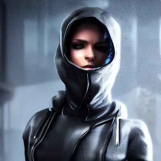 Prompt: Female cyberpunk rogue in a hood, realistic artstyle, full body, dramatic lighting, octane render, hyperrealistic, high quality, highly detailed, HD, beautiful, cinematic, 8k, unreal engine, facial accuracy, symmetrical