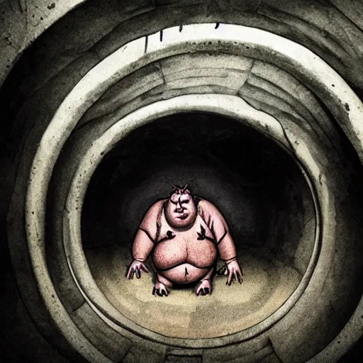 Image similar to a photo of a obese monster in the sewers