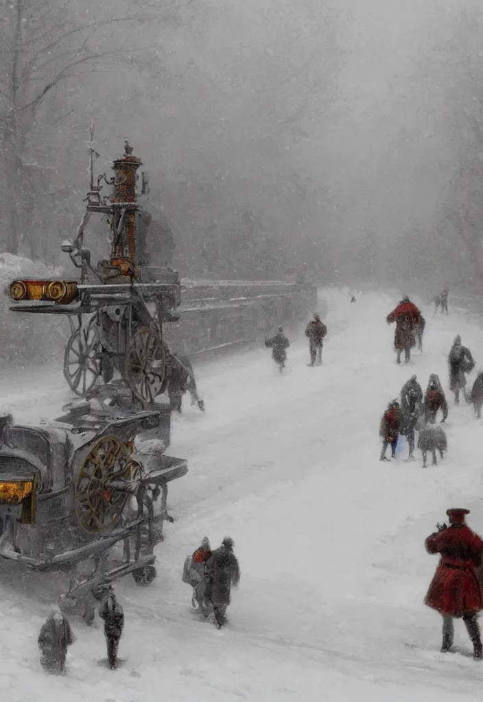 Image similar to Digital Art of a 1914 russian walking steam machine in the snow, Rozalski, trending on artstation