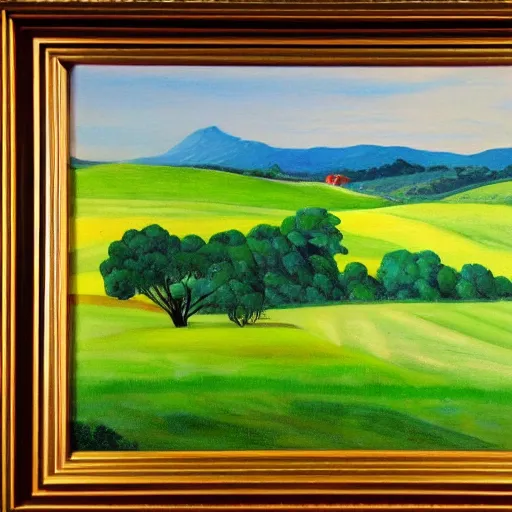 Prompt: !dream A painting of a landscape, with rolling hills, green fields, and a blue sky, in a pastoral style.