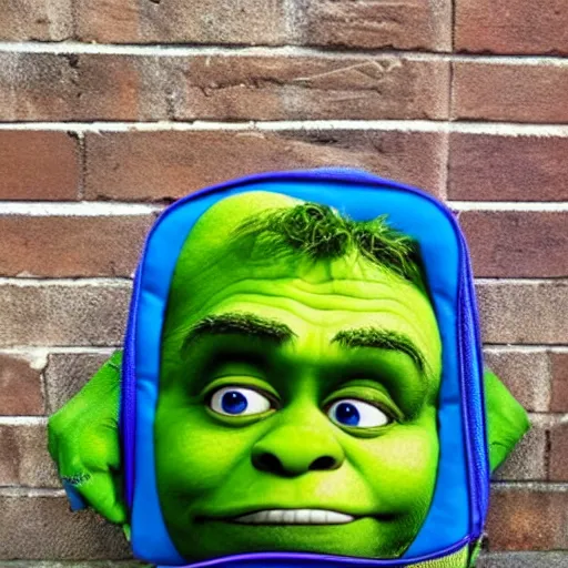 Prompt: a children's bag inspired and themed by shrek's design, a bag in the shape of shrek, high quality product, product design, sherek head design as a bottle,