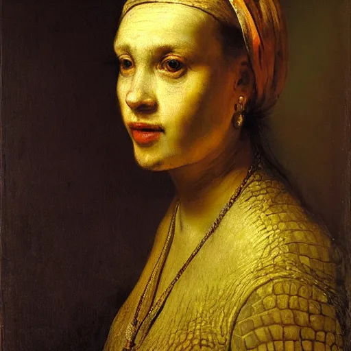 Prompt: portrait of a crocodile girl looking at the viewer, classical painting, rembrandt, high quality, high detail