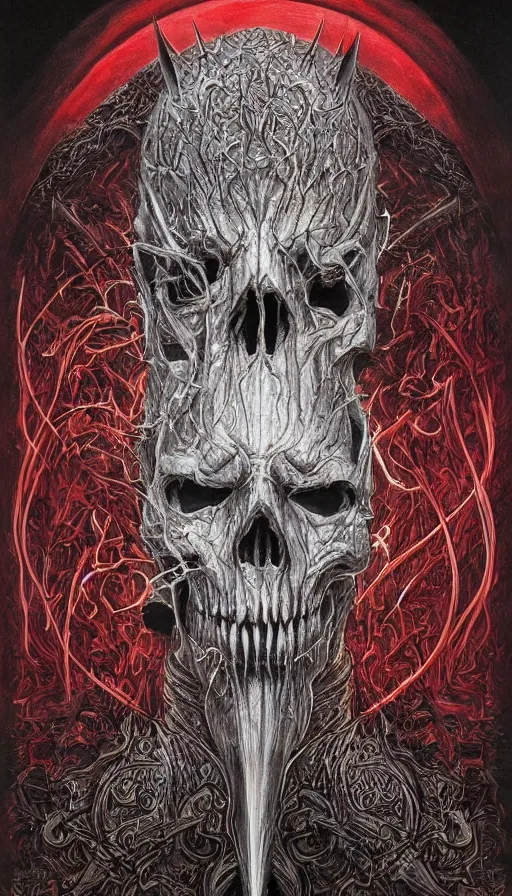 Prompt: Lord of the Rings and Doom themed painting of horrifying malicious symmetrical skull face of Sauron mask pattern concept, infinity glyph, intricate artwork by, Johnatan Wayshak, Zdizslaw Beksinski, Ayami Kojima, Amano, Karol Bak, Greg Hildebrandt, and Mark Brooks, Neo-Gothic, gothic, rich deep colors, art by Takato Yamamoto, masterpiece, face by Artgerm, H.R. Giger, very coherent artwork, cinematic, hyper realism, high detail, octane render, unreal engine, 8k, High contrast, golden ratio, trending on cgsociety, ultra high quality model, production quality cinema model