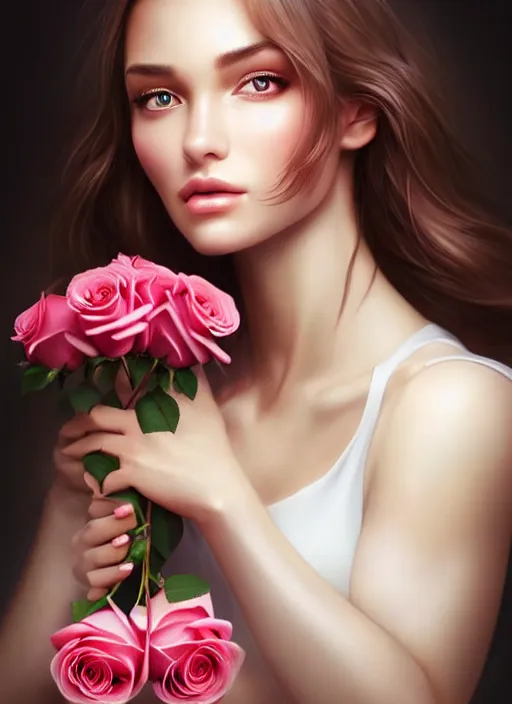 Image similar to a gorgeous female photo, professionally retouched, soft lighting, holding a bouquet of roses, realistic, smooth face, perfect eyes, wide angle, sharp focus on eyes, 8 k high definition, insanely detailed, intricate, elegant, art by artgerm and wlop