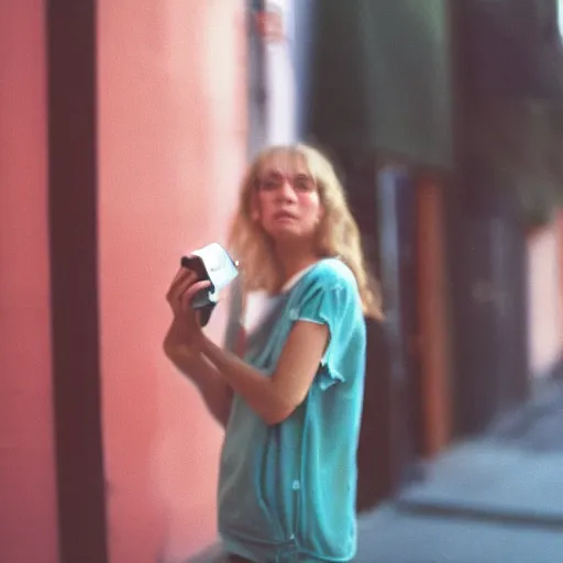 Image similar to portra 800 street photography woman staring into camera but she is a bit blurry because she is moving