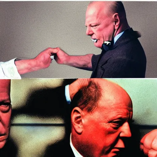 Prompt: Modern color photography of two different people fighting, Bruce Willis punching Winston Churchill