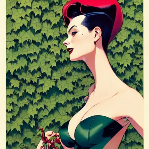 Image similar to joshua middleton, phil noto, artgerm, 1 9 5 0 s rockabilly emma stone poison ivy dc comics, pompadour, vines, symmetrical eyes, city rooftop