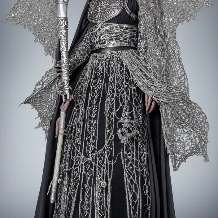 Prompt: photograph of a real-life beautiful lunar witch with intricate silver robes and staff. Extremely detailed. 8k